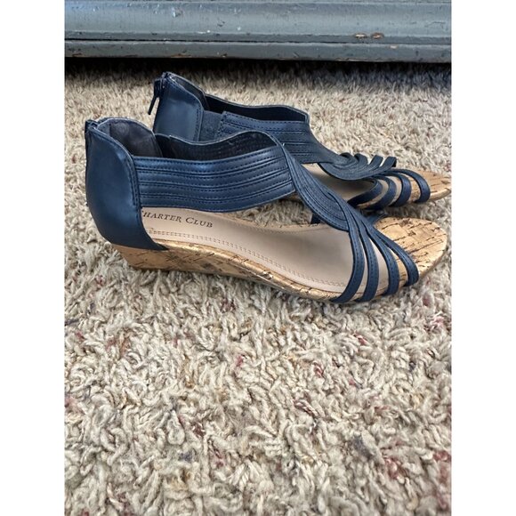 Charter Club Womens Blue Cork Heels 5.5 zipper open toe low heel - Picture 1 of 8